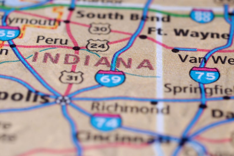 Closeup view of Indiana map