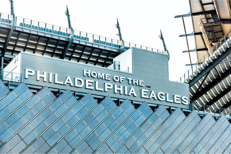 Closeup of sign at Lincoln Financial Field that reads "HOME OF THE PHILADELPHIA EAGLES"