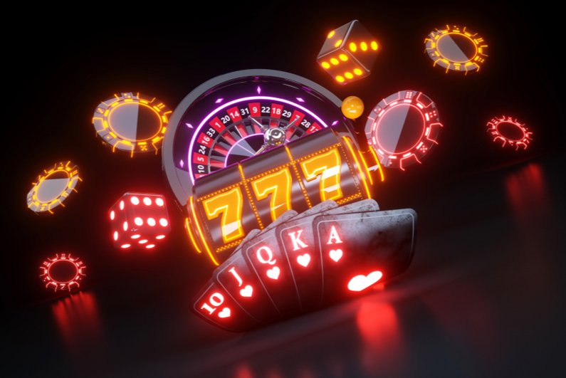 Casino dice, slots, roulette wheel, cards, and chips in neon coloring