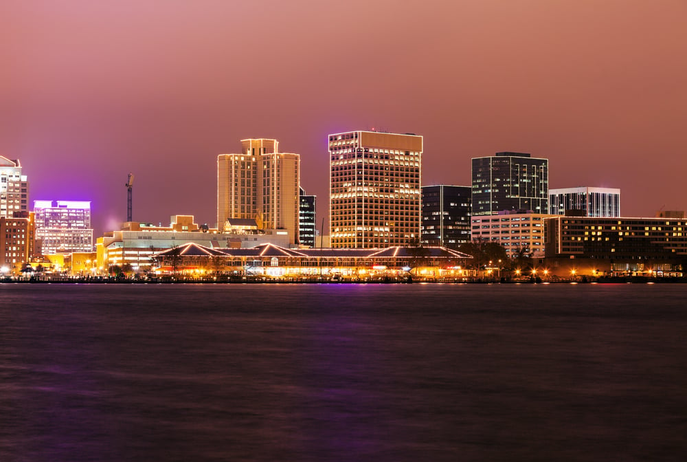 Norfolk Virginia skyline at dusk