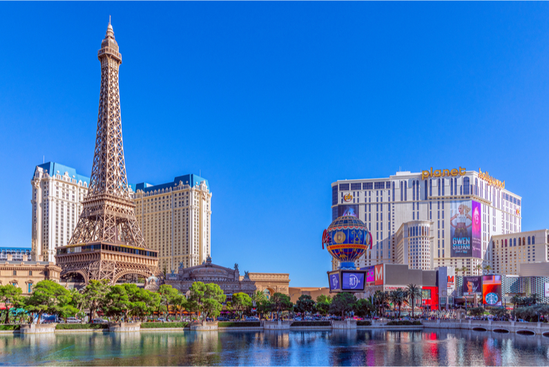 View of Paris and Planet Hollywood casinos on the Las Vegas Strip