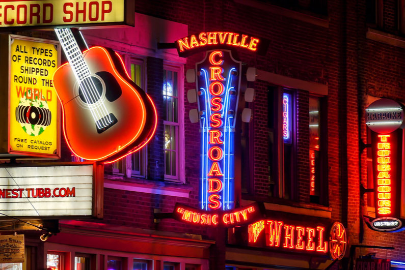 Neon lights on Broadway Street in Nashville