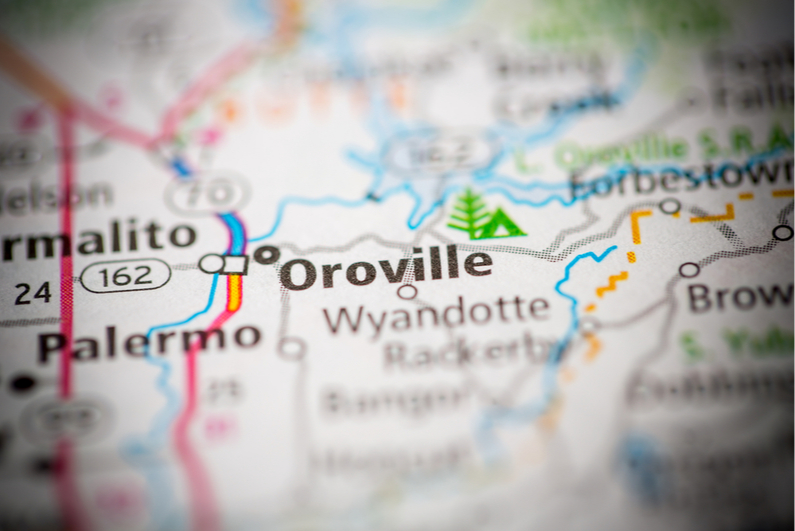 Closeup map of Oroville, California