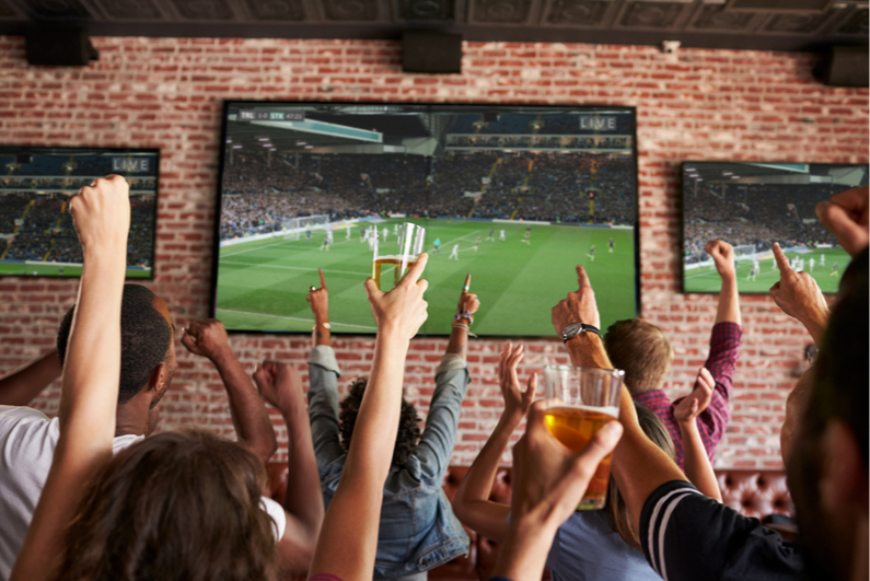 Fans cheering at a sports bar