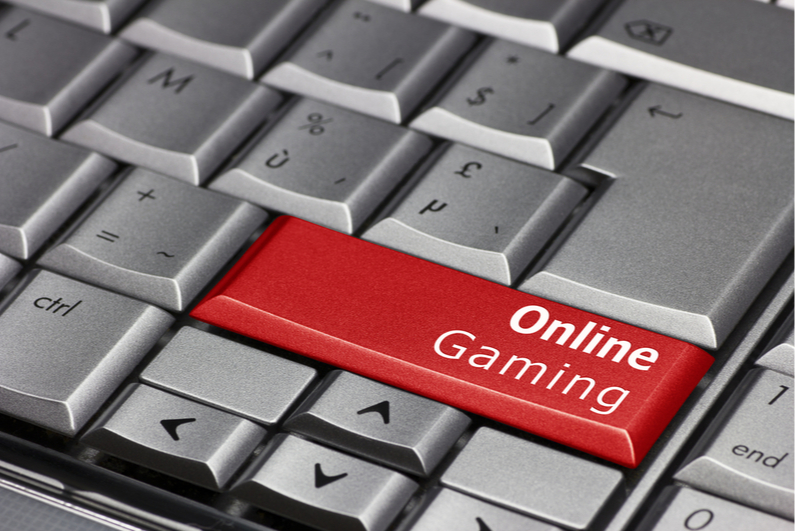 Keyboard with a red shift key labelled "online gaming"