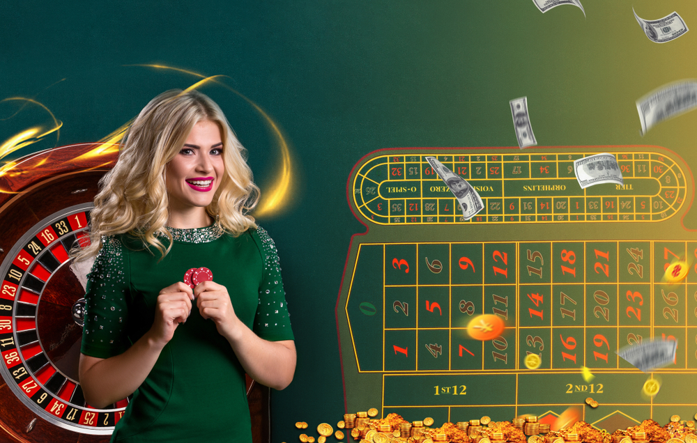 female live roulette dealer stands next to graphic representation of roulette wheel and table