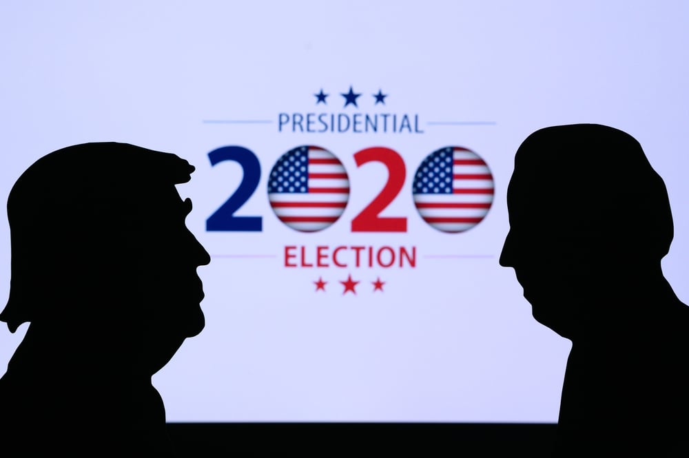 Silhouette of Republican candidate Donald Trump and Democratic opponent Joe Biden. who are contesting the 2020 United States presidential election