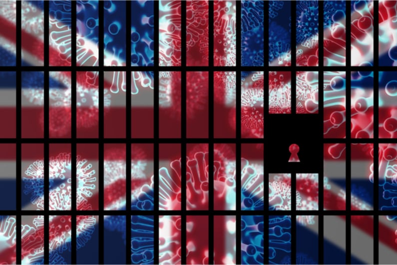 UK flag superimposed with COVID-19 images and jail cell bars