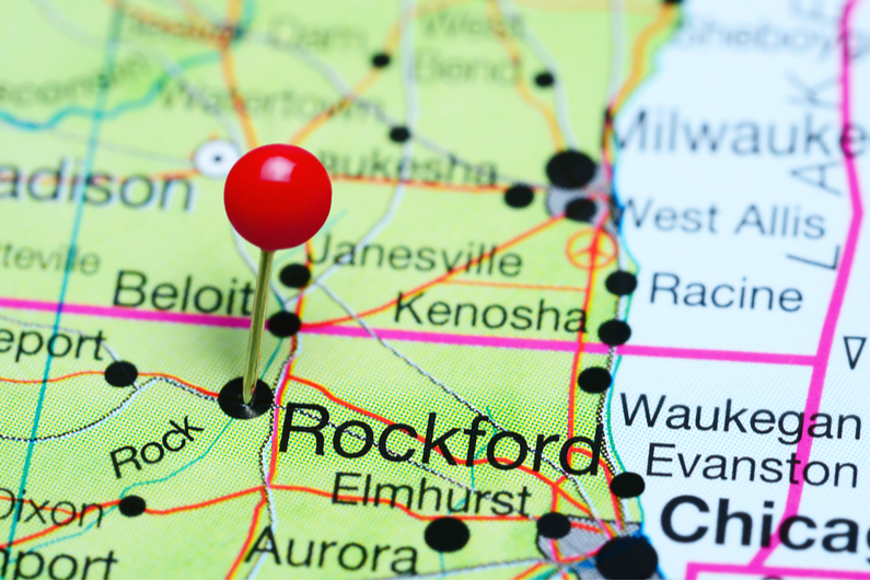Pin showing location of Rockford, IL on a map