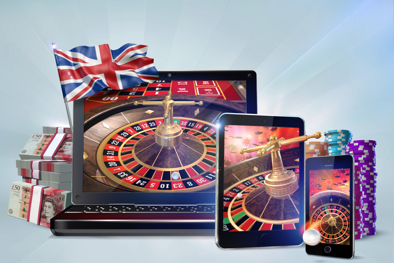 UK online gambling concept - mobile devices showing a roulette wheel, flanked by the Union Jack