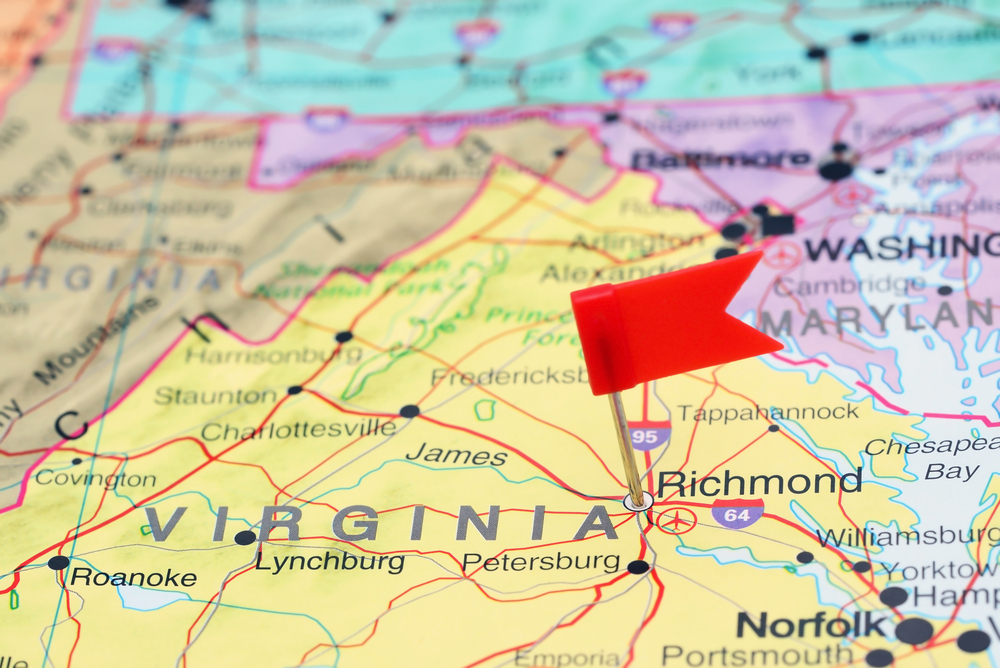 Map of Virginia with capital city Richmond flagged