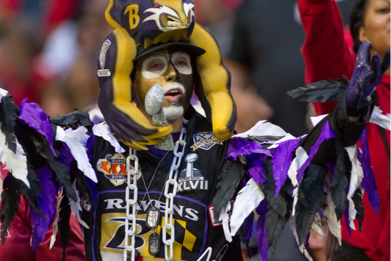 Baltimore Ravens superfan dressed in an elaborate costume