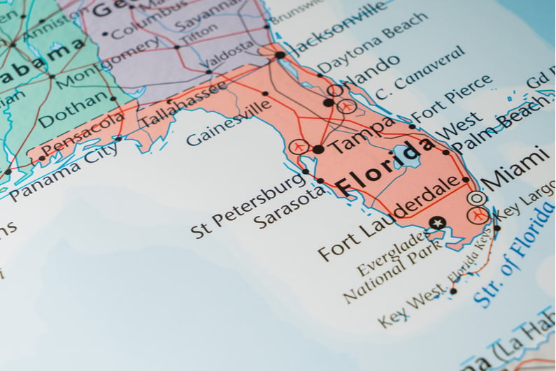 Closeup of Florida on a map