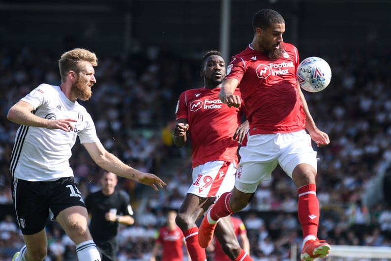 Soccer match between Nottingham Forest, which wears jerseys sponsored by Football Index, and Fulham FC