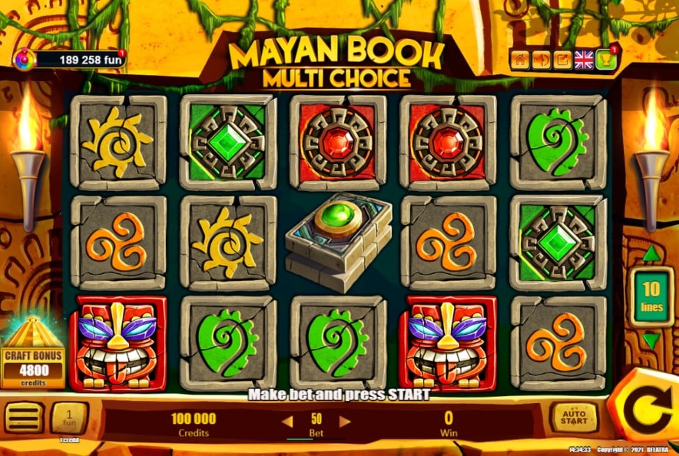 Mayan Book Multi Choice slot reels by Belatra Games