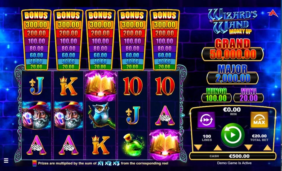 Wizard's Wand Money Up slot reels by Ainsworth