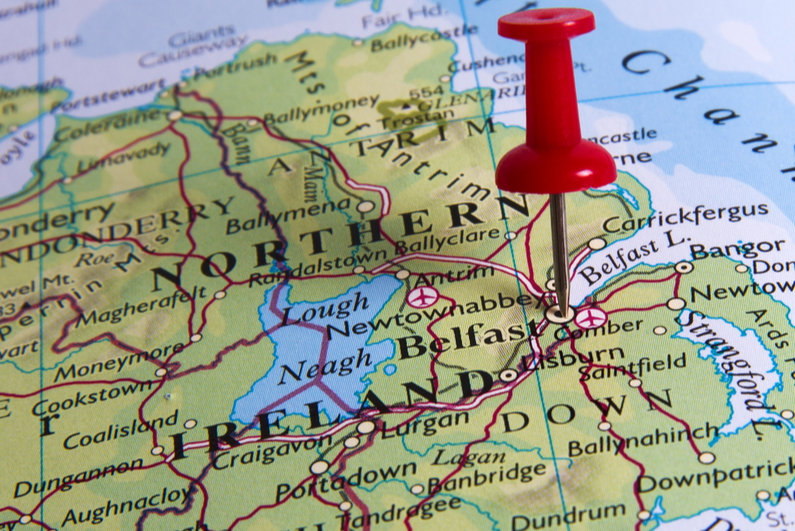 Northern Ireland map with pin on Belfast