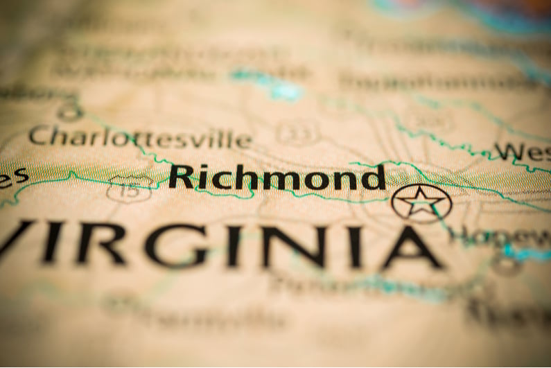 Closeup of Richmond, Virginia on a map