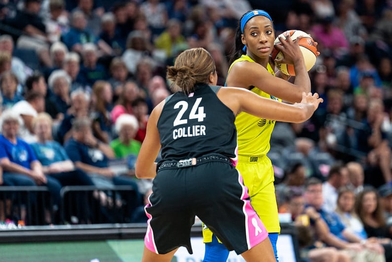 Glory Johnson of the Dallas Wings guarded by Napheesa Collier of the Minnesota Lynx