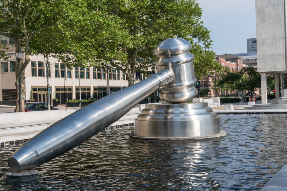 Stainless steel gavel sculpture in the courtyard of the Ohio Judicial Center