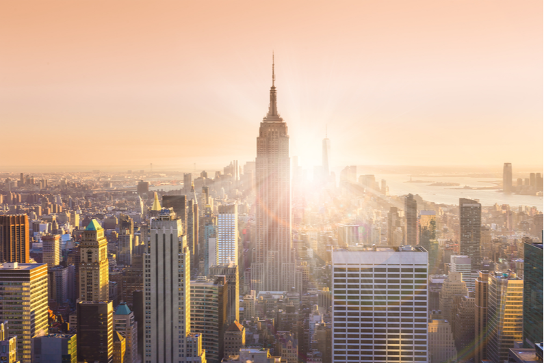 New York City skyline at sunset