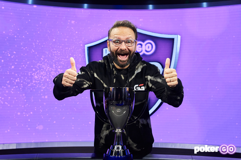 Daniel Negreanu posing with his trophy as the 2021 PokerGO Cup Champion