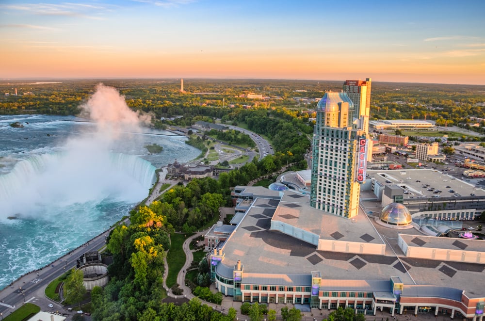 aerial view of the Niagara Falls and Fallsview Casino Resort in Ontario, Canada