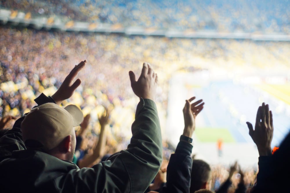 sports fans raise arms in a stadium