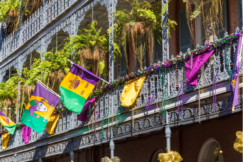 Bourbon Street decorations during Mardi Gras