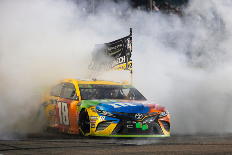 Kyle Busch spinning out to celebrate a NASCAR victory