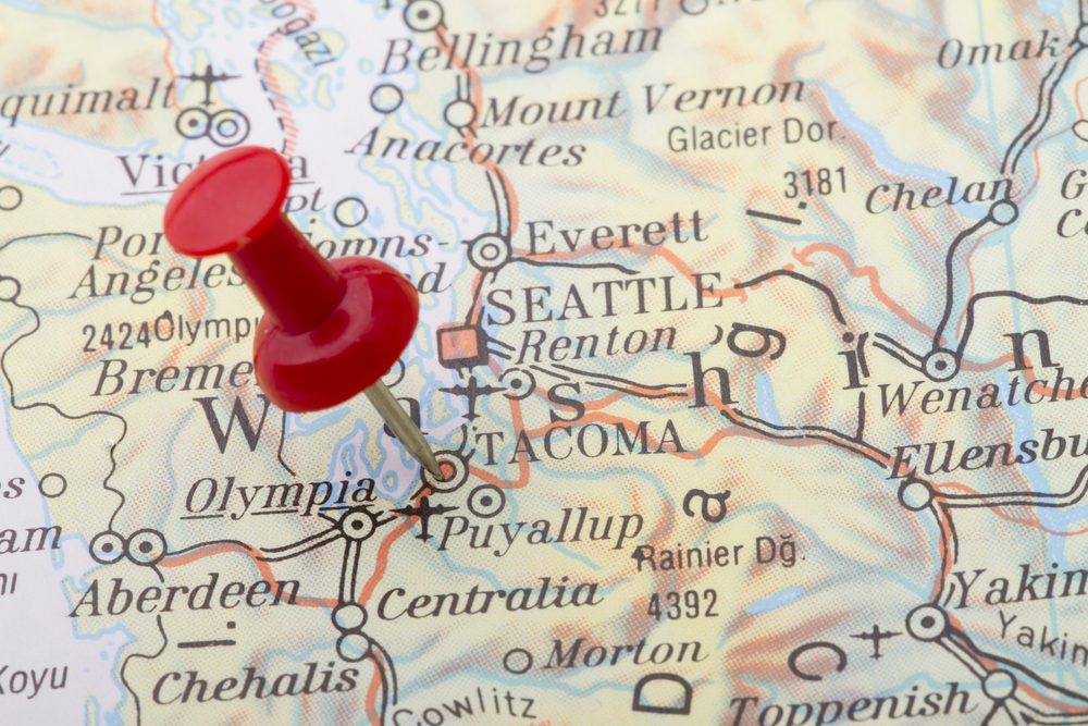 Washington State map with red pin