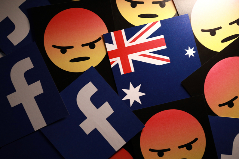 Facebook logos, frown emojis, and Australian flags