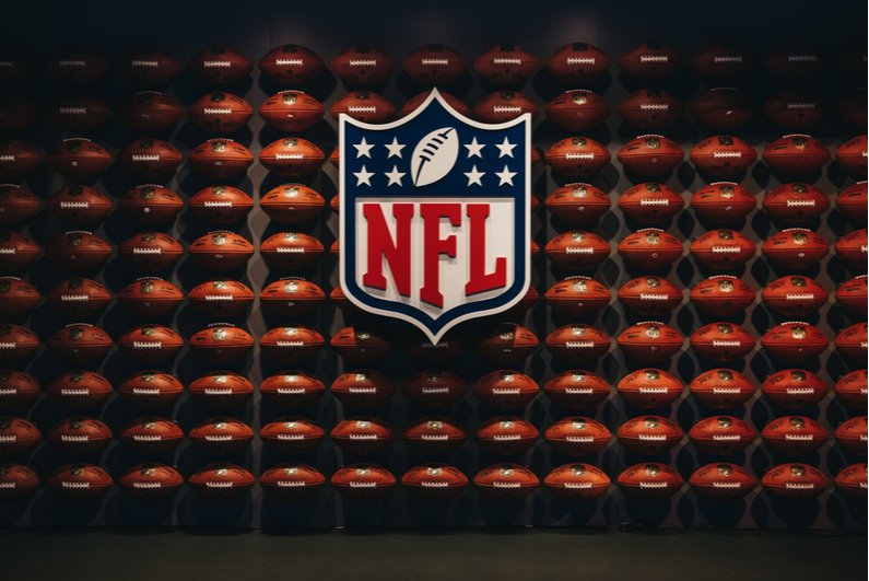 NFL logo in front of a wall of footballs