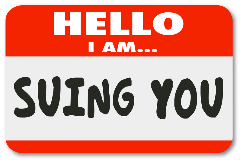 "Hello I Am Suing You" in the style of a nametag sticker