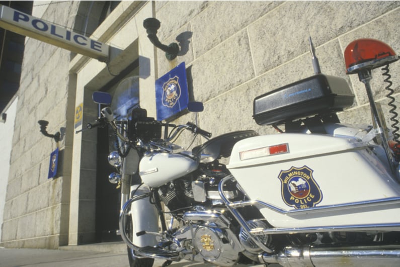 Police motorcycle outside of a Wilmington police department