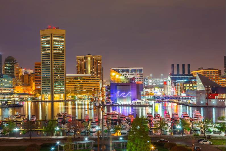 Downtown Baltimore at dusk