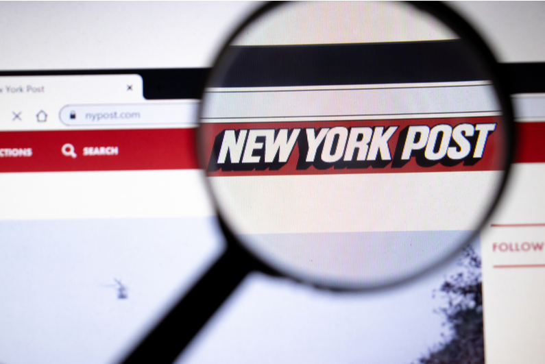 Magnifying glass over the masthead on the New York Post's website