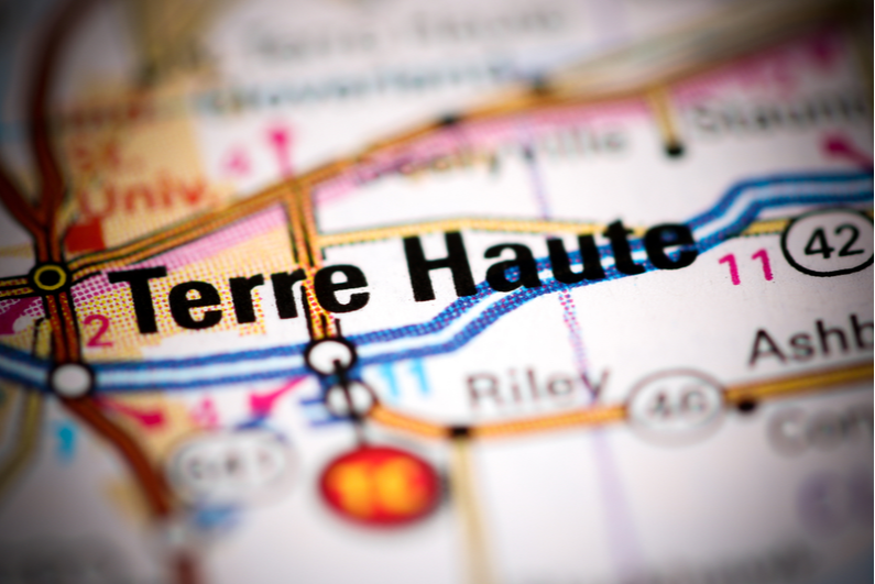 Closeup of Terre Haute on a map