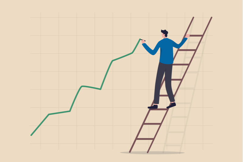 Man on ladder with rising graph