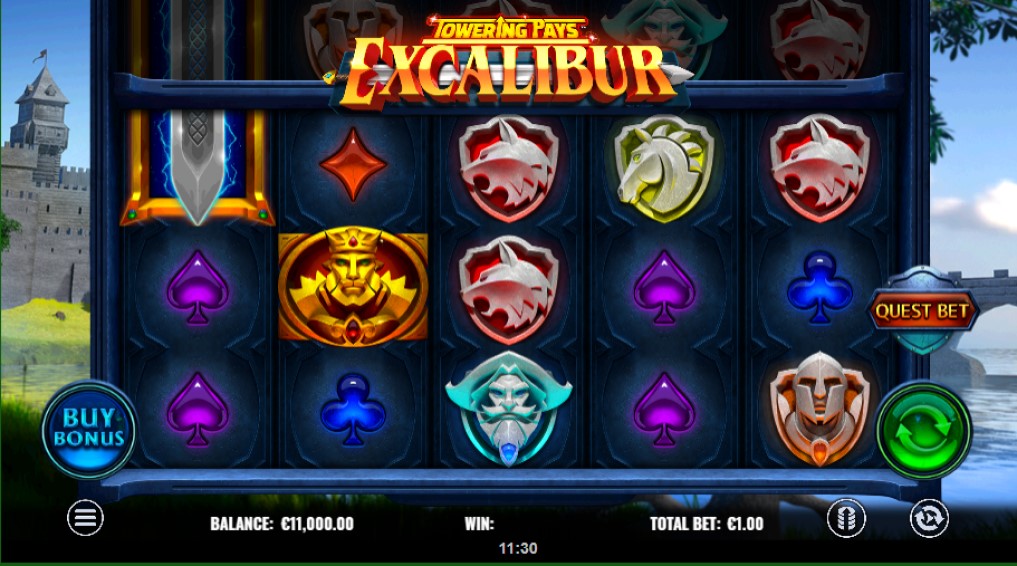 Towering Pays Excalibur slot reels by Games Lab