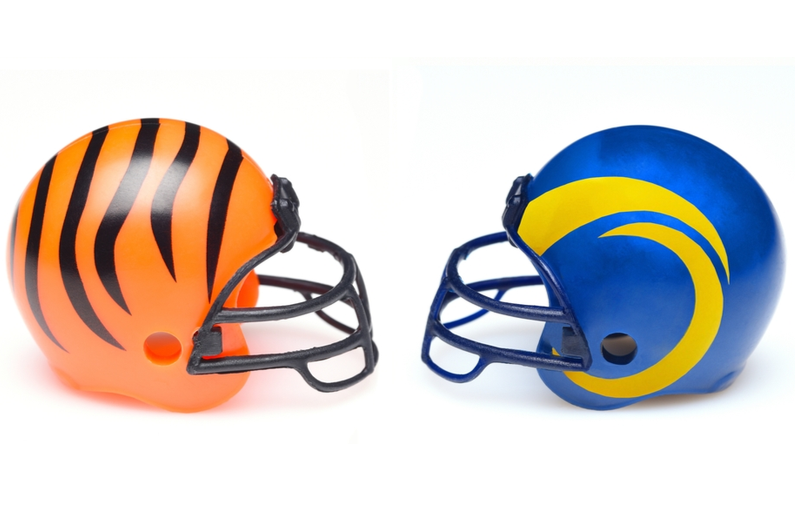 Bengals and Rams helmets