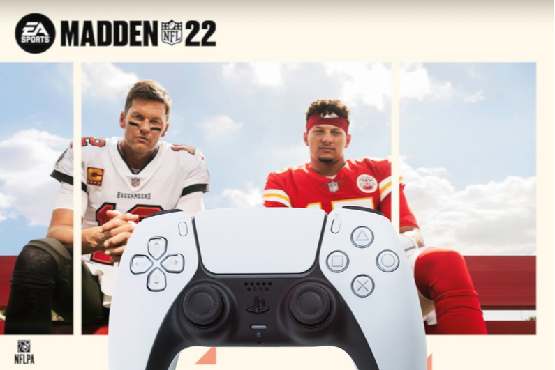 PS5 controller on top of Madden 22 background