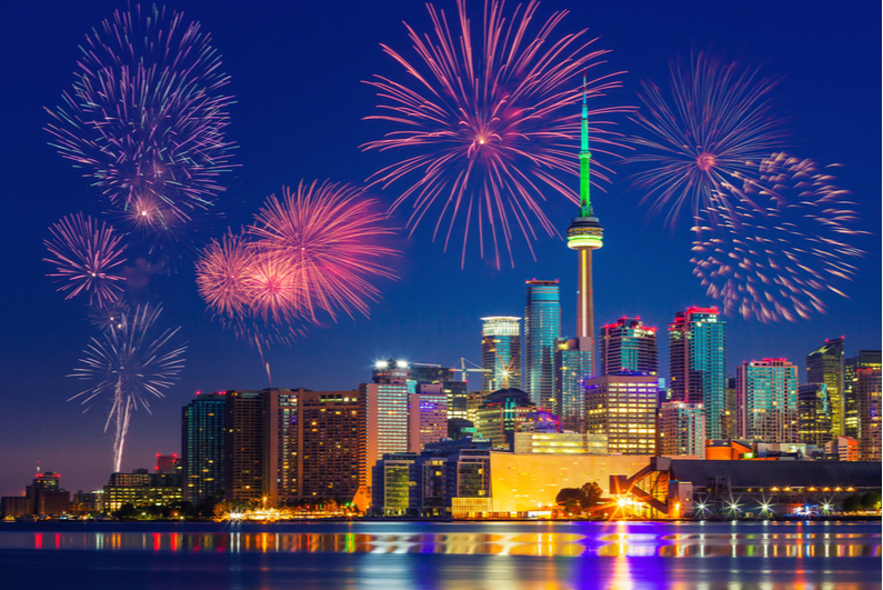Fireworks over Toronto cityscape, Canada