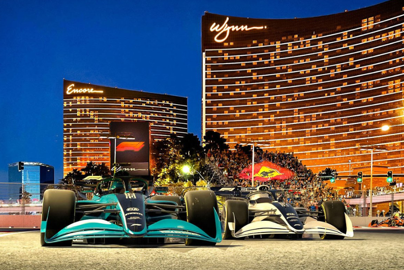 F1 cars next to Wynn hotel in Vegas