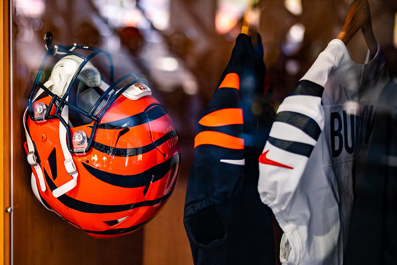 Cincinnati Bengals helmet hanging in the closet