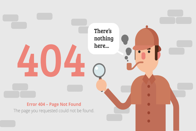 Cartoon of Sherlock Holmes on a 404 not found error