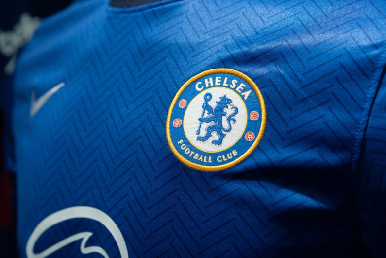 Closeup of Chelsea FC patch on shirt
