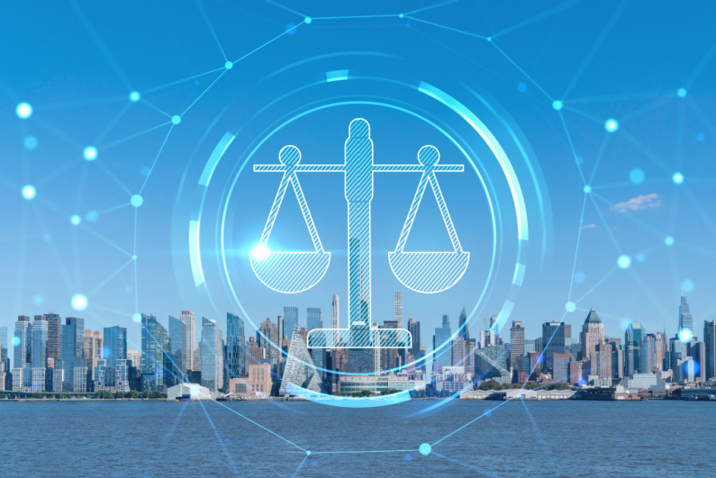 New York City skyline with digital legal symbol