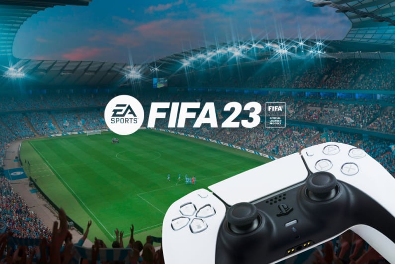 Playstation controller with FIFA 23 in the background
