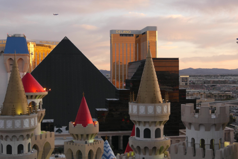 Aerial view of Mandalay Bay, Excalibur, and Luxor on the Las Vegas Strip